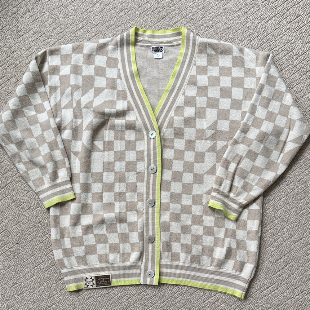 Target Beige and White Checkered Cardigan with Neon Accents